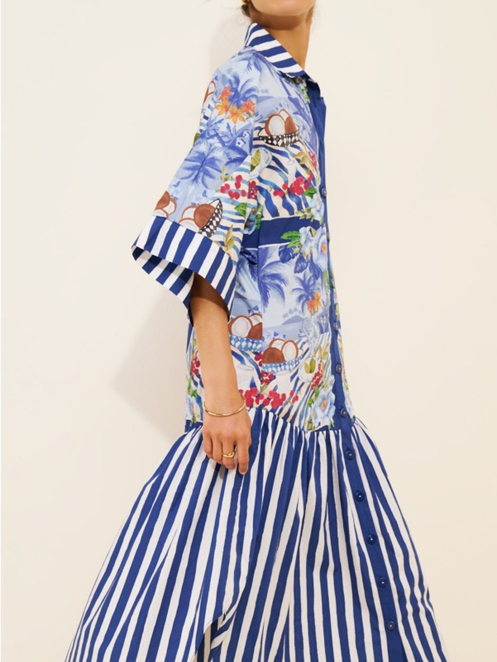 FARM Rio 100% COTTON Blue Floral & Stripe Maxi Shirt Dress - Picture 3 of 4